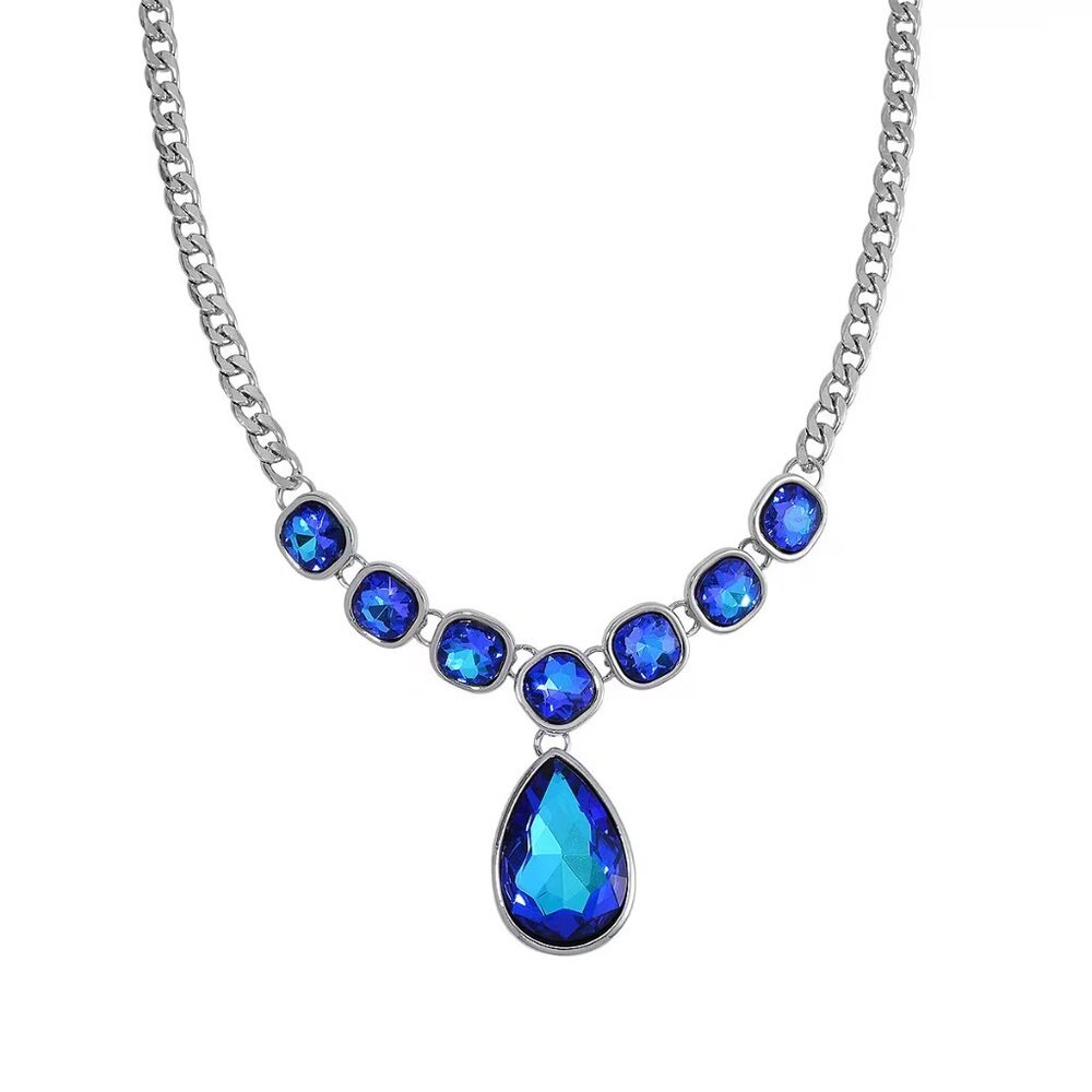 Women's Blue Color Simulated Quartz Statement Necklace in Silvertone